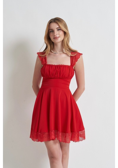 Munora Butik Dantel Askılı Korse Detaylı Mini Kırmızı Elbise Kırmızı Kırmızı
