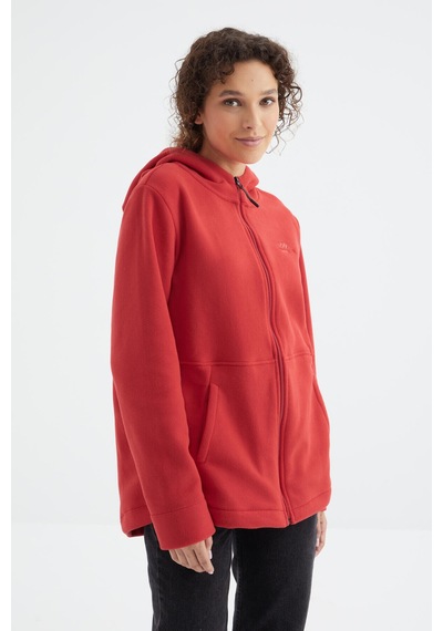 Tommy Life Fiesta Kapüşonlu Fermuarlı Rahat Form Kadın Polar Sweatshirt - 97233 Kırmızı