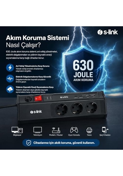S-link Prz03 Prizhive 3 Metre 630 Joule 3x1.5mm 2xusb 2xtype C 2.4a/5v 250v 16a/3860w 6 Lı Akım Ve Çocuk Korumalı Priz, 16a Sigortalı Yıldırım Korumalı Priz