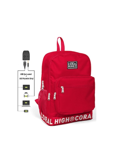 Coral High Logo Nakışlı Kırmızı Ortaokul. Lise ve Günlük Sırt Çantası