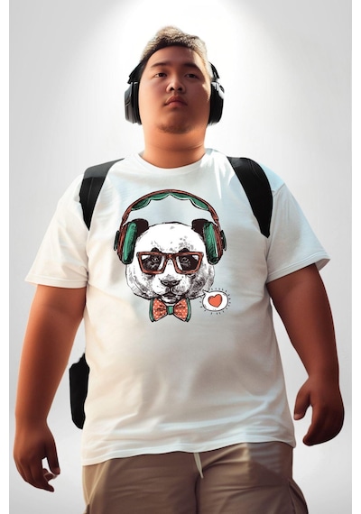 Angemiel Kulaklıklı Hipster Portre Panda Beyaz Büyük Beden Kadın Erkek Ünisex Basic Ön Baskılı Tişört Beyaz