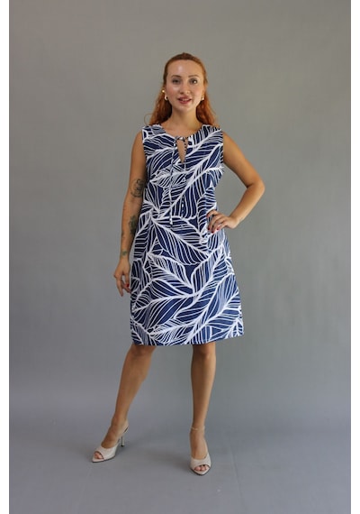 Pamuk Baskılı Midi Elbise Lacivert/beyaz