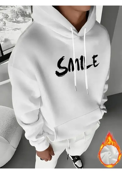 Nevermind Unisex Oversize Smile Yazılı Hoodie Trend Streetwear Kapüşonlu Beyaz