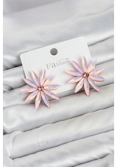 Pembe Kristal Taşlı Lotus Model Kadın Küpe