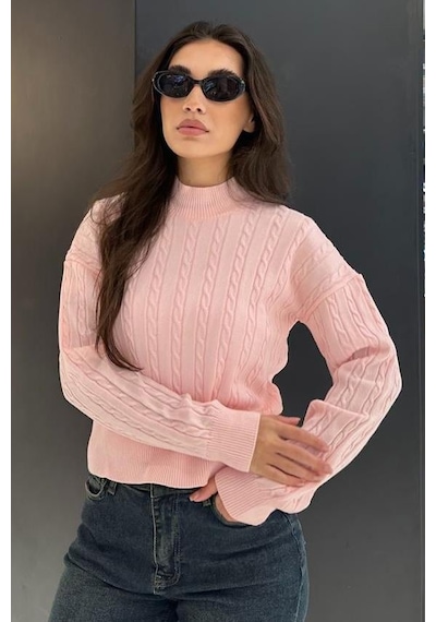Madmext Pembe Yarım Balıkçı Yaka Örgülü Triko Kadın Kazak Mg2257 Pembe