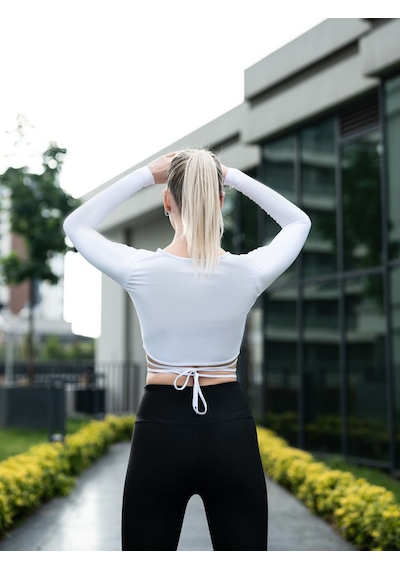 Lismina V Yaka Uzun Kollu Beli Bağcıklı Spor Crop Tişört Beyaz