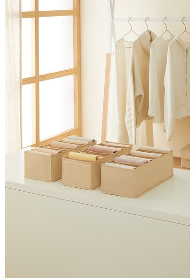 Ocean Home Textile 3'lü 8 Bölmeli Bej Balıksırtı Çekmece Düzenleyici Set