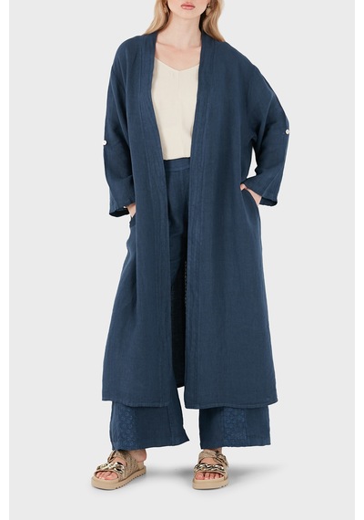 Via Dante % 100 Keten Dantel Ve Brode İşleme Detaylı Kimono Bayan Kimono 7183821 Lacivert
