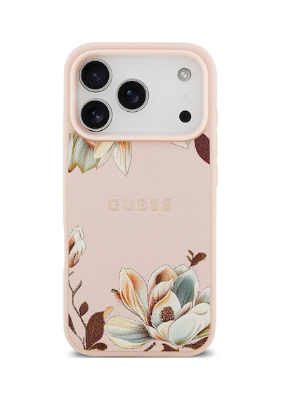 Apple Uyumlu iPhone 17 Pro Kılıf Guess Lisanslı M-safeli Taneli Çiçek Tasarımlı Metal Yazı Logolu Pembe Pembe
