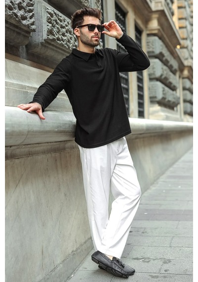 Madmext Siyah Gömlek Yaka Dokulu Regular Fit Erkek Sweatshirt E7203