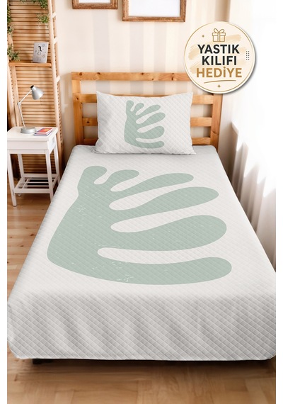 Minimal Yaprak Yeşil Genç Odası Tek Kişilik Pike Takımı - Modern 160x220 Cm Kapitone Yatak Örtüsü Gizli Tül Kırığı