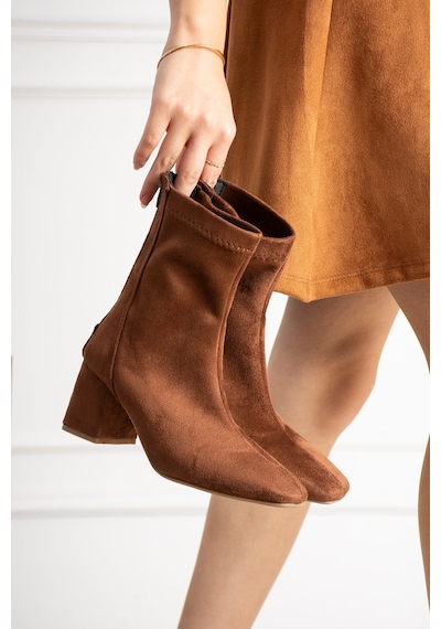 Dabab Shoes Lara Kadın Taba Süet Streç Küt Burun Fermuarlı 6 Cm Kalın Topuklu Bot Bootie