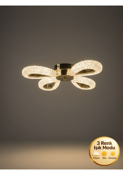 Damla Model 4"lü Gold 3 Renk Modu Ledli Modern Tavana Sıfır Salon Mutfak Çocuk Yatak Odası Led Avize Altın