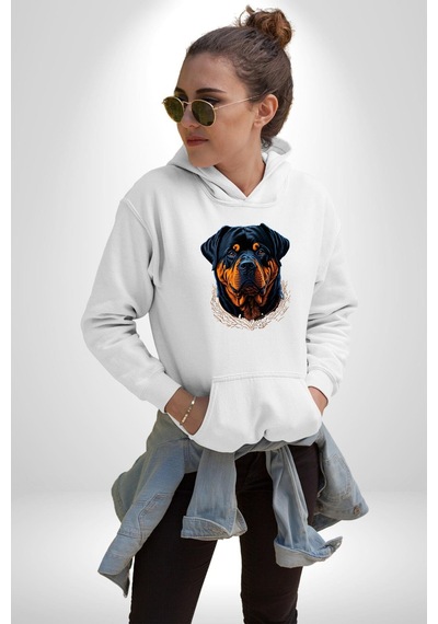 Rottweiler Koca Kafa Kadın Erkek Beyaz Kapüşonlu Sweatshirt Hoodie Beyaz