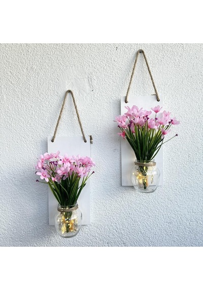 Led Işıklı, Pembe Nergis Çiçekli Duvar Dekoru Beyaz İkili Set Beyaz