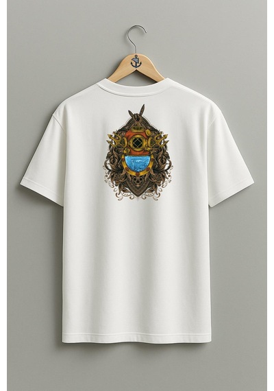 Bahriyeli Collection Oversize Dalgıç Antique Diving Helmet Cep Ve Sırt Tasarımlı Unisex T-shirt Beyaz