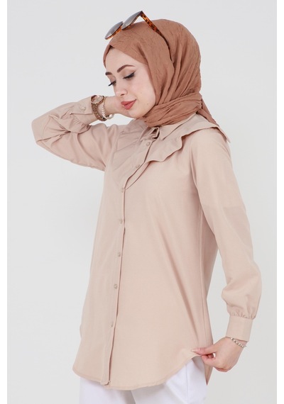 Sevitli Yakası Kat Detaylı Poplin Tunik-bej-3519-bej Bej