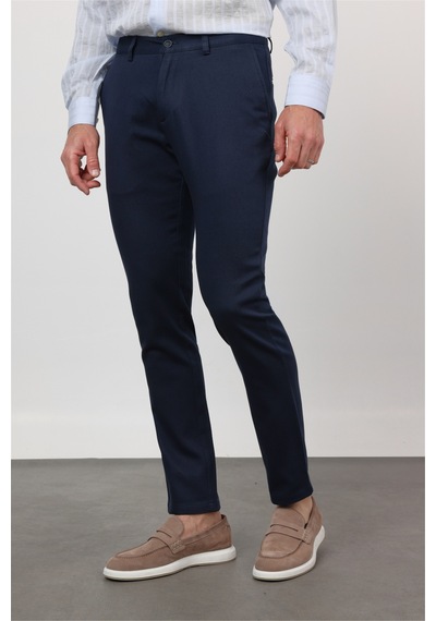 İmza Koyu Lacivert Yan Cep Düz Paça Armürlü Slim Fit Pamuklu Chino Pantolon 1003260161