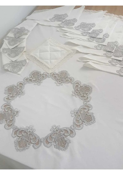 Batik Gümüş Dantelli Pamuk Kumaş Beyaz Mutfak Takımı 17 Parça 442 Beyaz