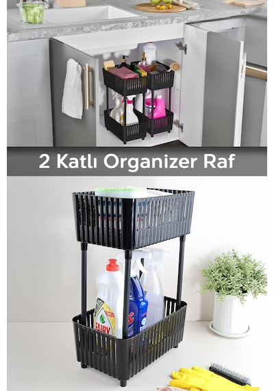 2 Katlı Düzenleyici Mutfak Banyo Rafı - Tezgah Altı Raf Evye Altı Dolap Organizer Deterjanlık Siyah