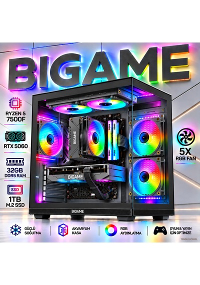 Bigame ANUBIS-V8 R5-7500F 32 GB 1 TB M2 SSD RTX5060 Free Dos Masaüstü Oyuncu Bilgisayarı