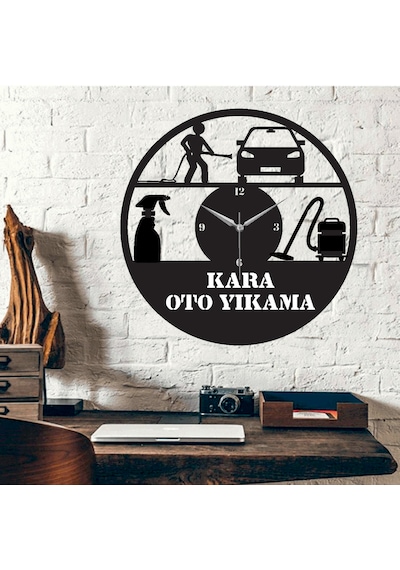 Oto Yıkama Temalı Ahşap Duvar Saati Siyah