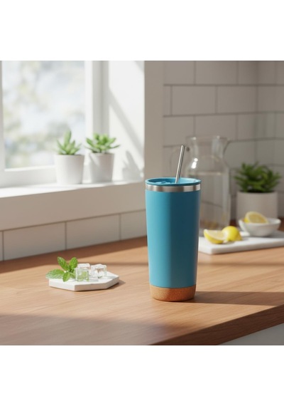 590 Ml Paslanmaz Çelik Pipetli Termos Kupa - 4 Renk Seçeneği Siyah, Yeşil, Gri, Mavi - Sıcak Ve Soğuk Tutan Mug - Araç Ve Ofis Bardağı Mavi Çok Renkli