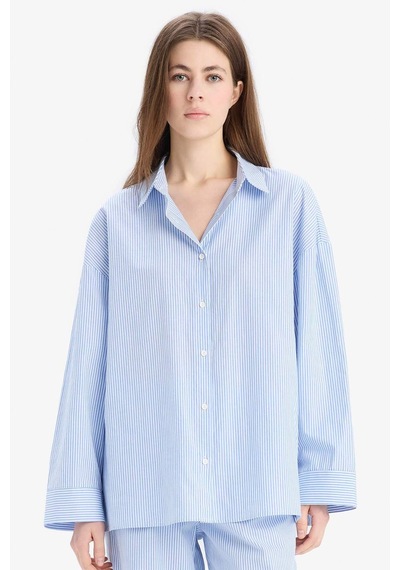DeFacto Çizgili Pijama Yaka Poplin Pijama Üstü-Fall in Love E3113AX25SPBE747