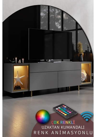 Zenith Gold Demir Ayaklı Rgb Led Işık Sistemli Antrasit Tv Ünitesi Tv Sehpası Antrasit - Altın