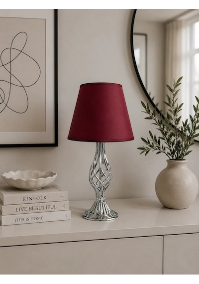 Bordo Kumaş Başlık Metal Burgu Ayaklı Modern Abajur 50x25 Cm