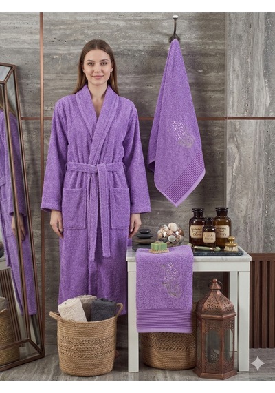 Premium 2'li Aile Bornoz Seti Çeyizlik Pamuklu Hediyelik Banyo Takımı S/m Lavanta
