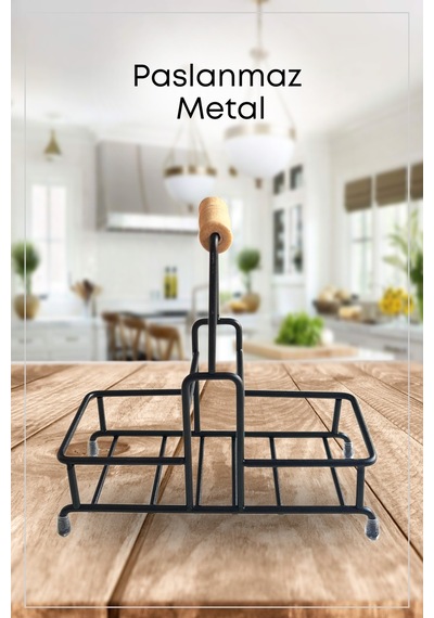 Grimorlife 2 Bölmeli Çok Amaçlı Ahşap Kulplu Metal Stand Banyo Düzenleyici Organizer Siyah