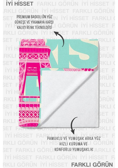 Paris Temalı Şehir Plaj Havlusu - Modern Pop Art Turkuaz Pembe Hızlı Kuruyan Mikrofiber Havlu Sedef Armut