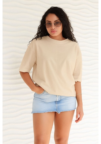 Benroma Düz Oversize Unisex Tişört Ycb5 Bej