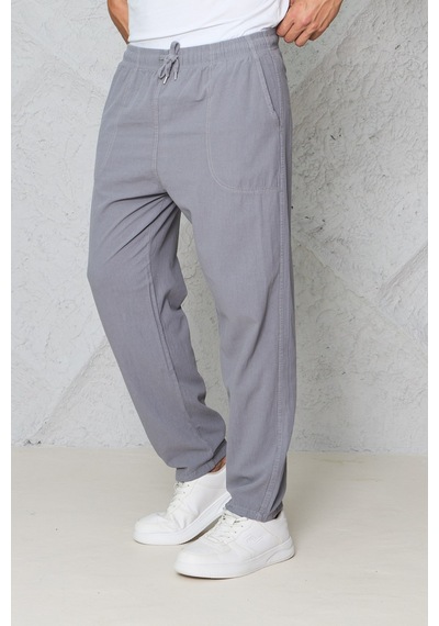 Blayn Jeans Erkek Haki Jogger Pantolon Beli Lastikli Bağcıklı %100 Pamuk Keten Baggy Rahat Günlük Pantolon gri