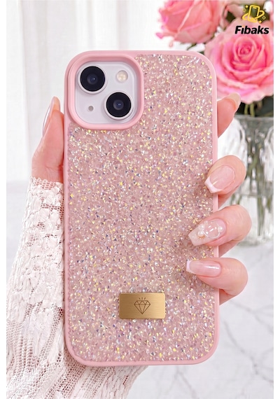 Fibaks iPhone 14 Plus/15 Plus Uyumlu Kılıf Içi Kadife Elmas Tasarımlı Taşlı Işıltılı Pırlanta Silikon Kapak Rose