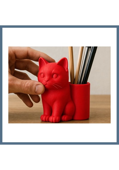 Buradabulabilirsin 3d Baskı Kedi Figürlü Kalemlik - Masaüstü Organizer - Kırmızı Bbz