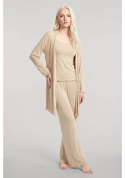 İkikareshop Kadın Bej Kısa Kimono 3 Lü Takım Yumuşak Dokulu Şık Rahat Ev Giyim Seti Çok Renkli