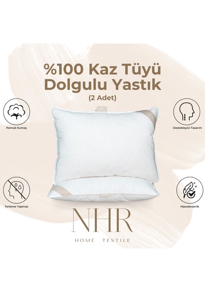 %100 Kaz Tüyü Dolgulu,%70 Gıdık Uyku Yastığı/50x70 1000gr/2 Adet