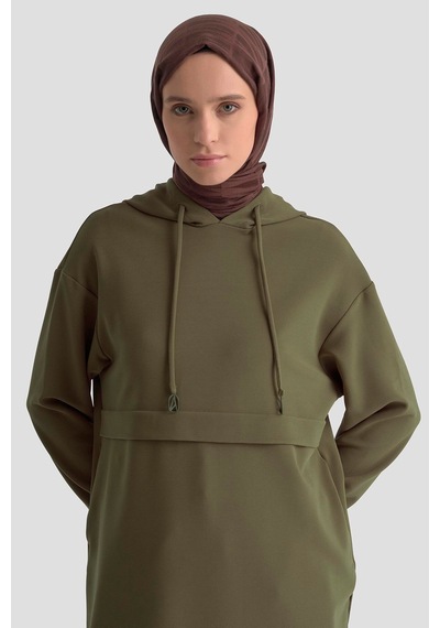 Armine Trend Kapüşonlu Yandan Cepli Kolları Lastikli Fitilli Tunik Haki 25kt462 Haki