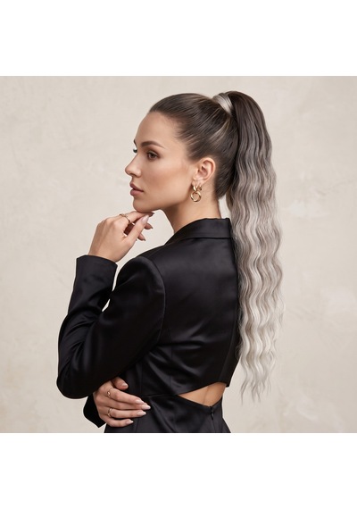 Lastik Tokalı At Kuyruğu Su Dalgalı - Koyu Kumral / Gümüş Platin Ombre Çok Renkli