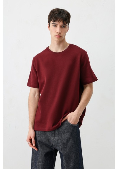 Kısa Kollu Boxy Fit Tişört Bordo