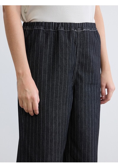 Lcw Eco Siyah Beli Lastikli Çizgili Wideleg Kadın Jean Pantolon
