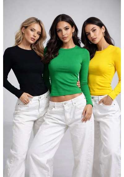 Rich Kadın Siyah-sarı-yeşil 3'lü Paket Bisiklet Yaka Esnek Kumaşlı Vücuda Oturan Slim Fit Uzun Kollu Crop Body Sarı