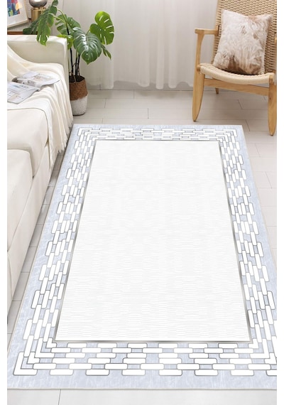 Çerçeveli Modern Kaymaz Taban Makinede Yıkanabilir Halı Oturma Odası Salon Halı Koridor Halı Mavi