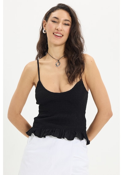 Tudors Kadın Slim Fit Dar Kesim %100 Pamuk Askılı Büzgülü V Yaka Siyah Bluz-50370