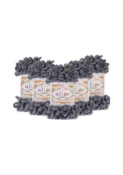 Alize 5 Adet Puffy El Örgü Ipliği 5'li Paket - 87 Koyu Gri - 100 Gr. 9 Mt. Parmak Örgü Ipi