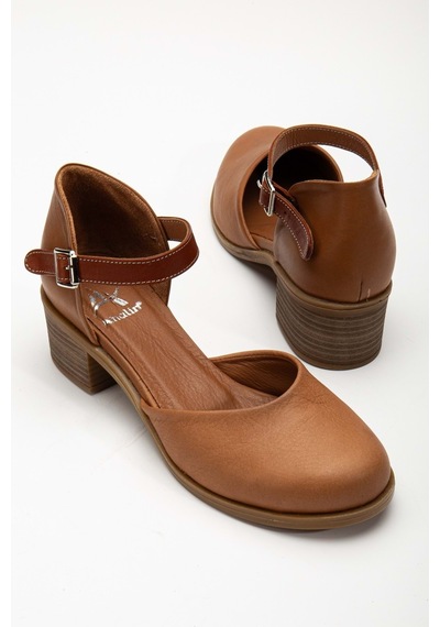 Analin Shoes Kadın Hakiki Deri Burnu Kapalı Bilekten Bağlı Sandalet Taba