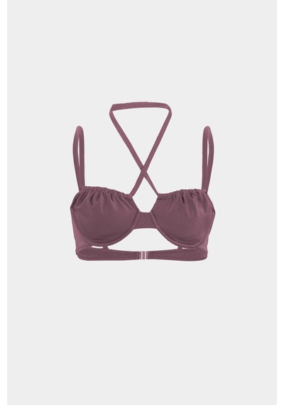 Açelyaokcu Premium Büzgü Detaylı Luna Slim Fit Kadın Bikini Üstü Mürdüm
