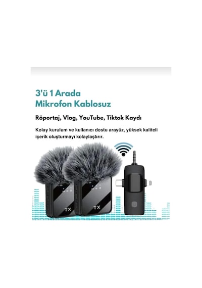 İkili Kablosuz Yaka Mikrofonu Type C Android İphone Uyumlu Canlı Yayın Ses Video Mikrofonu Siyah